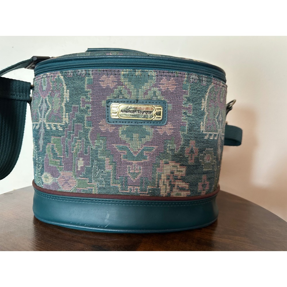 Vintage American Tourister Tapestry Train Case Teal Purple Southwestern Bag